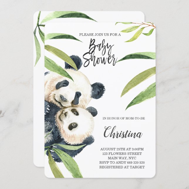 Cute Panda Mom & Baby Eucalyptus Baby Shower Invitation (Front/Back)