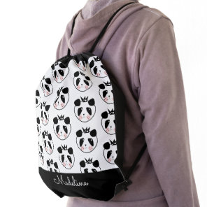 Cute Panda Monogrammed Script Drawstring Bag
