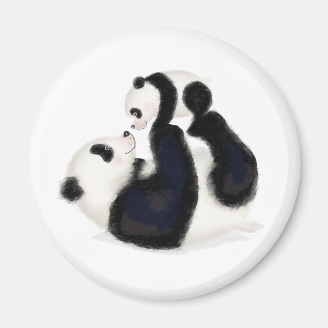 Cute panda mother and cub round magnet (Front)