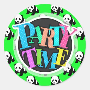 Cute Panda; Neon Green  Black & White Classic Round Sticker by Birthday_Party_House at Zazzle