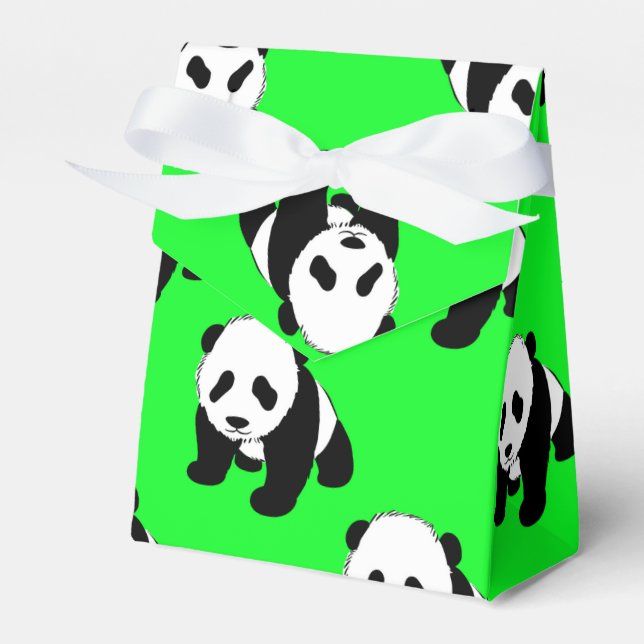 Cute Panda; Neon Green, Black & White Favor Boxes (Front Side)