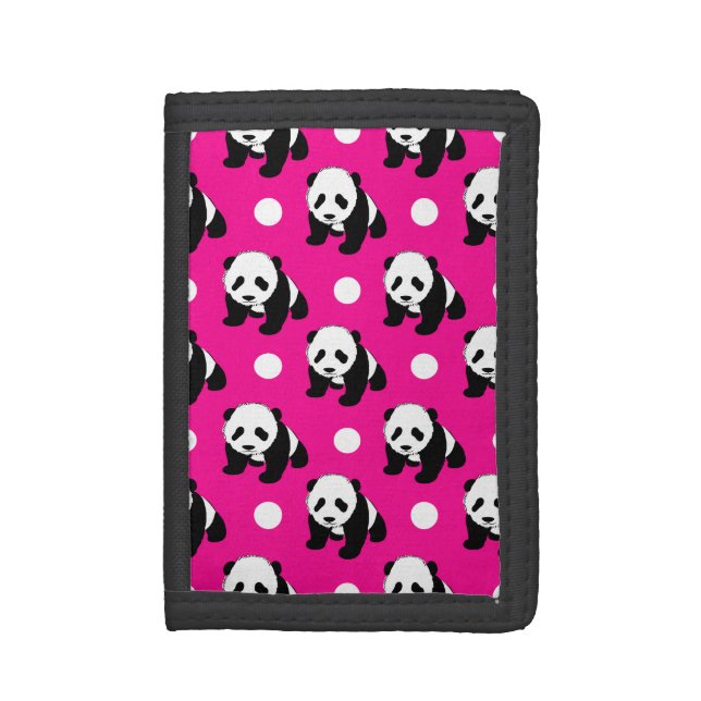 Cute Panda; Neon Pink, Black & White Polka Dots Tri-fold Wallet (Front Vertical)