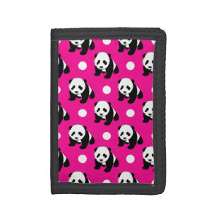 Cute Panda; Neon Pink, Black & White Polka Dots Trifold Wallet