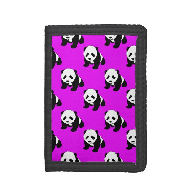 Cute Panda; Neon Purple, Black & White Trifold Wallet (Front Vertical)