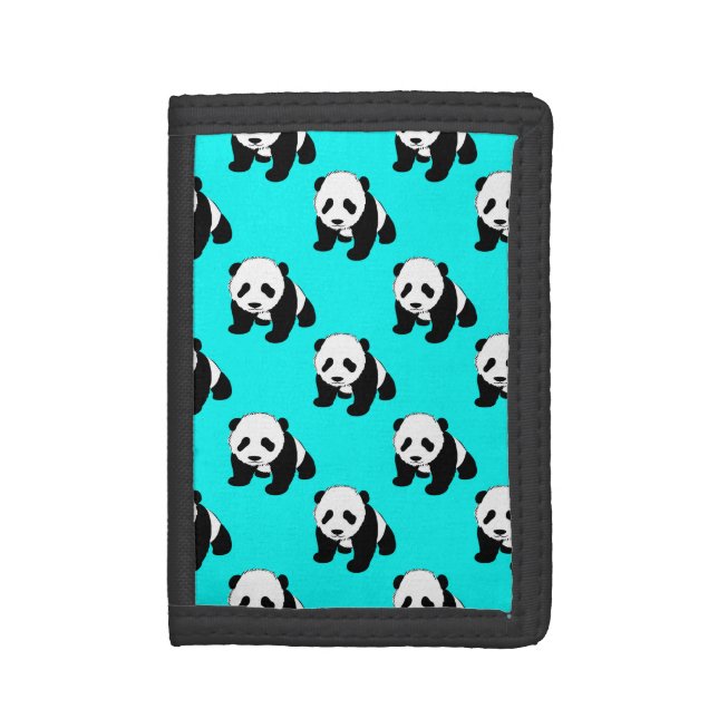 Cute Panda; Neon Turquoise Blue, Black & White Tri-fold Wallet (Front Vertical)