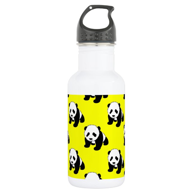 Cute Panda; Neon Yellow, Black & White Water Bottle (Front)