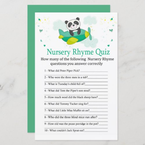 Cute panda Nursery Rhyme Quiz baby shower game