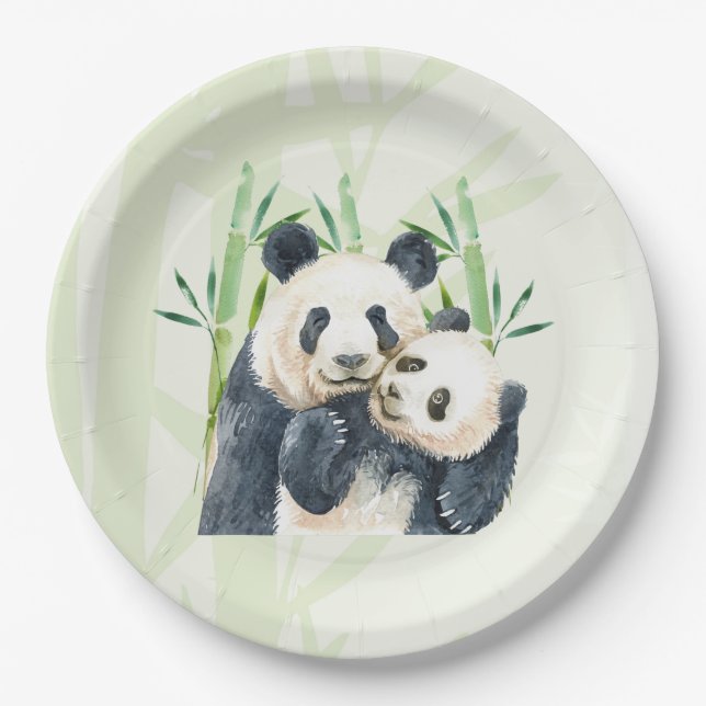 Cute Panda Pair & Bamboo Watercolor Paper Plates (Front)