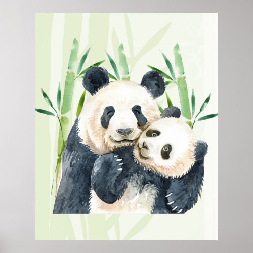 Cute Panda Pair  Bamboo Watercolor Poster
