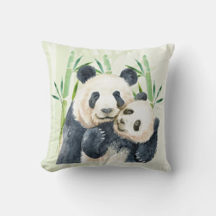 Cute Panda Pair & Bamboo Watercolor Throw Pillow