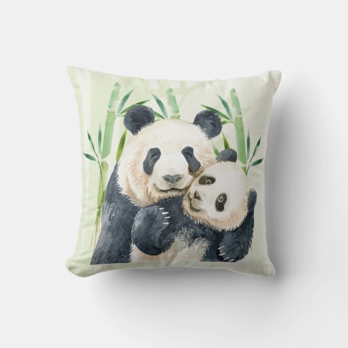 Cute Panda Pair  Bamboo Watercolor Throw Pillow