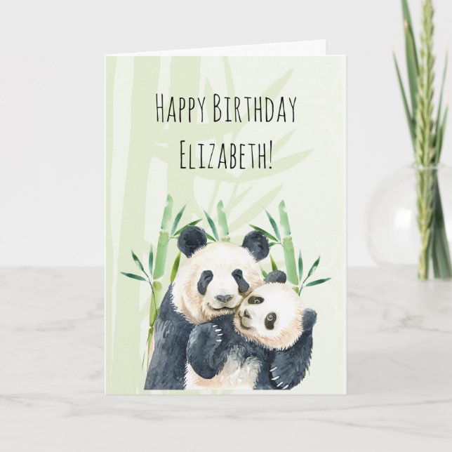 Cute Panda Pair in Bamboo Watercolor Birthday Card (Front)