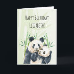 Cute Panda Pair in Bamboo Watercolor Birthday Card<br><div class="desc">Happy birthday greeting card with a cute watercolor illustration featuring a black and white mom and baby panda bear couple. Mommy is holding her cub amongst some green bamboo stalks.</div>