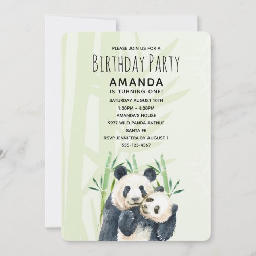 Cute Panda Pair in Bamboo Watercolor Birthday Invitation