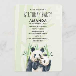 Cute Panda Pair in Bamboo Watercolor Birthday Invitation