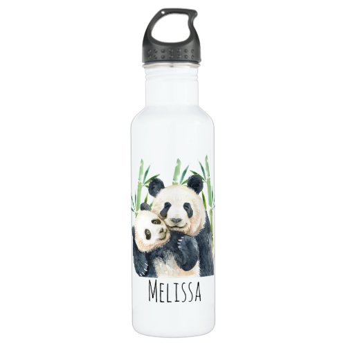 Cute Panda Pair in Bamboo Watercolor Stainless Steel Water Bottle