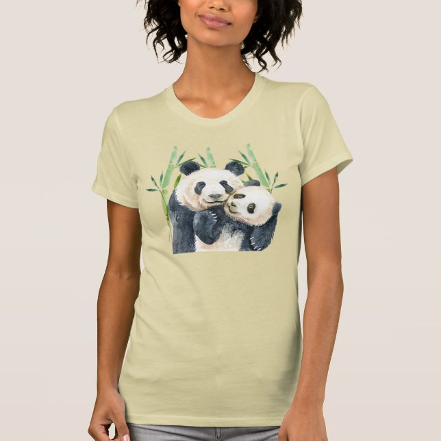 Cute Panda Pair in Bamboo Watercolor T-Shirt (Front)