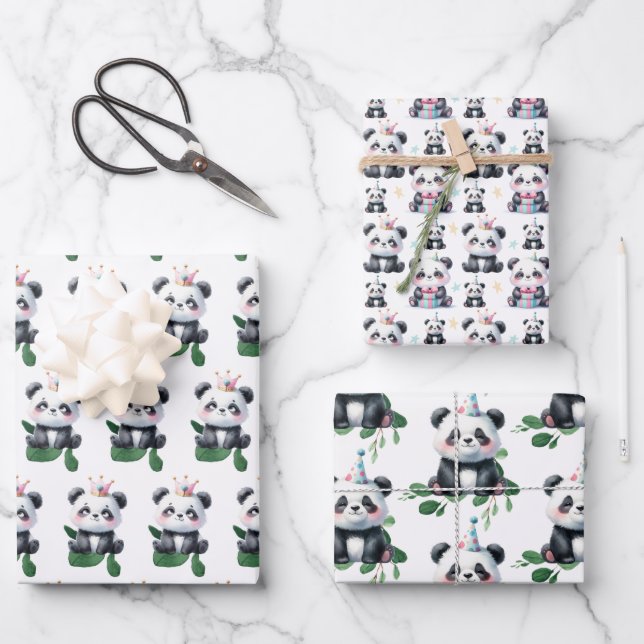 Cute Panda Pattern Bear with Greenery & Gifts Wrapping Paper Sheets (Front)