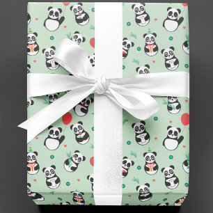 Cute Panda Pattern Birthday Green Wrapping Paper