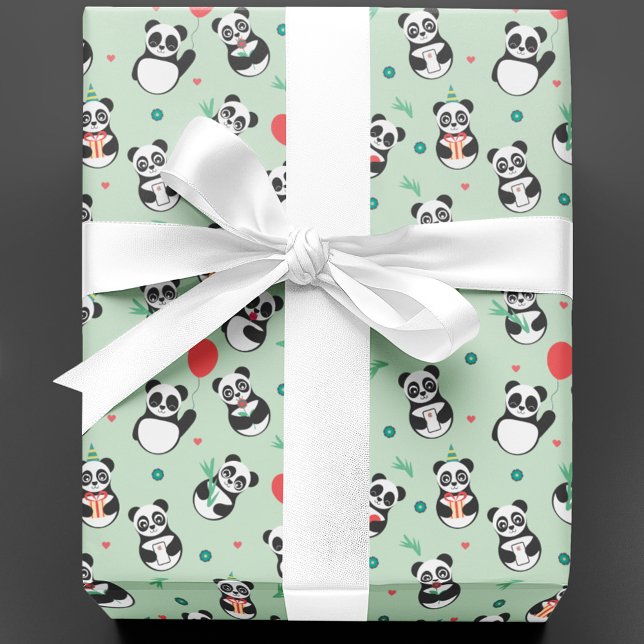 Cute Panda Pattern Birthday | Green Wrapping Paper (Creator Uploaded)