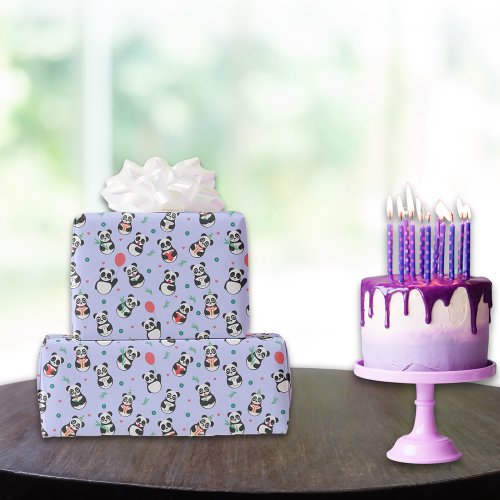 Cute Panda Pattern Birthday  Purple Wrapping Paper