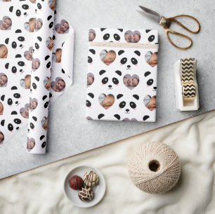 Cute Panda Pattern Black and White Photo Wrapping Paper