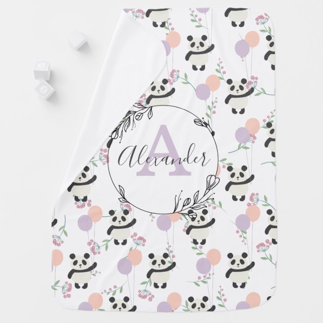 Cute Panda Pattern Monogram White Custom Baby Blanket (In Situ)