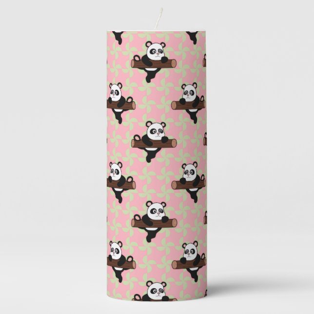 Cute Panda Pattern on Pink – Kawaii Seamless  Pillar Candle (Front)