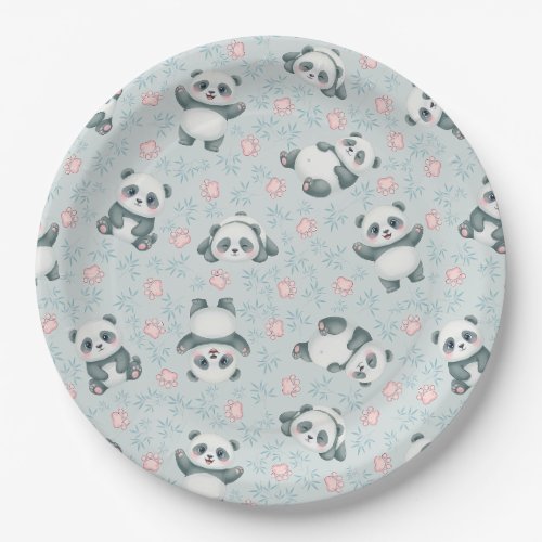 Cute Panda Paws and Bamboo Seamless Pattern Paper Plates