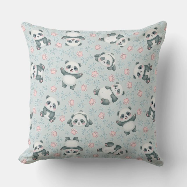 Cute Panda Paws and Bamboo Seamless Pattern Throw Pillow (Front)