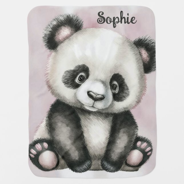 Cute Panda Personalizable Baby Blanket in Pink (Front)