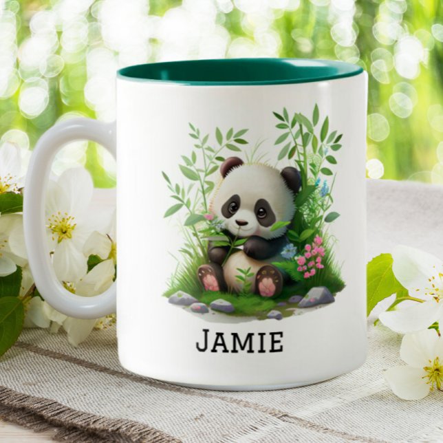 Cute Panda Personalized Floral Bamboo Two-Tone Coffee Mug (Creator Uploaded)