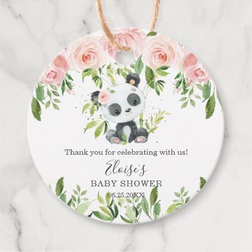 Cute Panda Pink Floral Bamboo Baby Shower Birthday Favor Tags