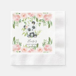 Cute Panda Pink Floral Bamboo Baby Shower Birthday Napkins