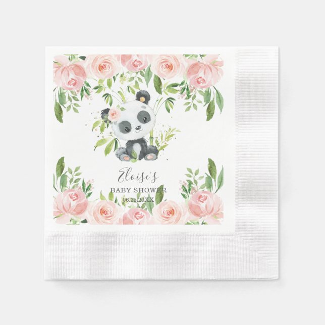 Cute Panda Pink Floral Bamboo Baby Shower Birthday Napkins (Front)