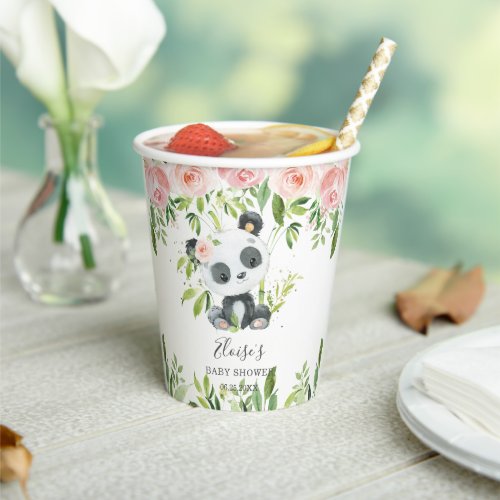 Cute Panda Pink Floral Bamboo Baby Shower Birthday Paper Cups