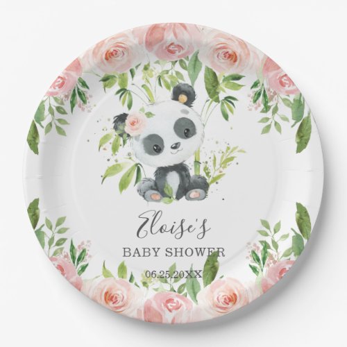 Cute Panda Pink Floral Bamboo Baby Shower Birthday Paper Plates