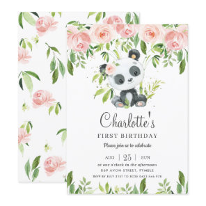Cute Panda Pink Floral Greenery 1st Birthday Girl Invitation