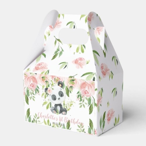 Cute Panda Pink Floral Greenery 1st First Birthday Favor Boxes