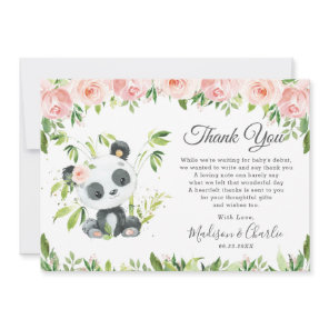 Cute Panda Pink Floral Greenery Baby Shower Girl Thank You Card