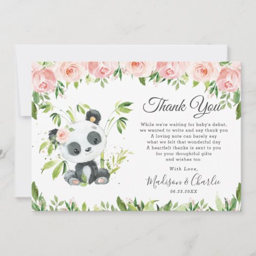 Cute Panda Pink Floral Greenery Baby Shower Girl Thank You Card
