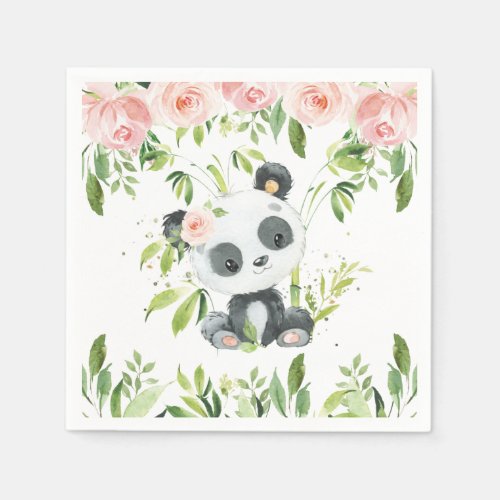 Cute Panda Pink Floral Greenery Baby Shower Party Napkins
