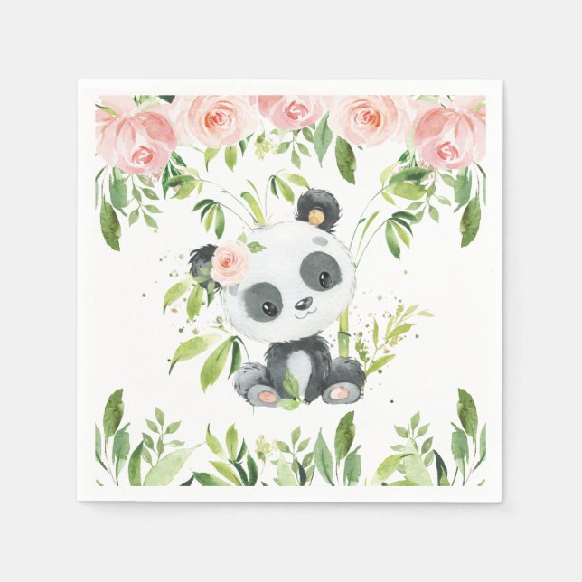 Cute Panda Pink Floral Greenery Baby Shower Party Napkins (Front)