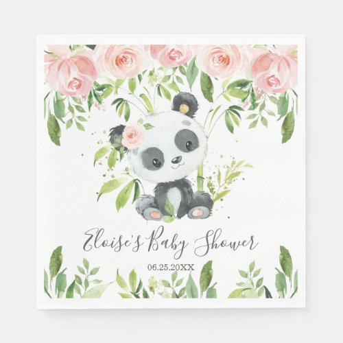 Cute Panda Pink Floral Greenery Baby Shower Party Napkins