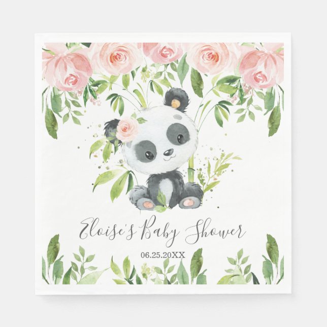 Cute Panda Pink Floral Greenery Baby Shower Party Napkins (Front)