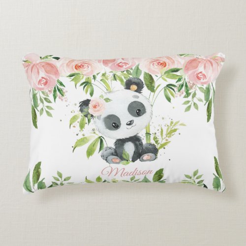 Cute Panda Pink Floral Greenery Bamboo Accent Pillow