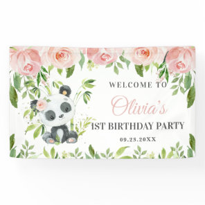 Cute Panda Pink Floral Greenery Bamboo Backdrop  B Banner