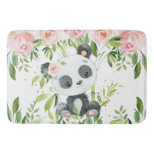 Cute Panda Pink Floral Greenery Bamboo Bath Mat