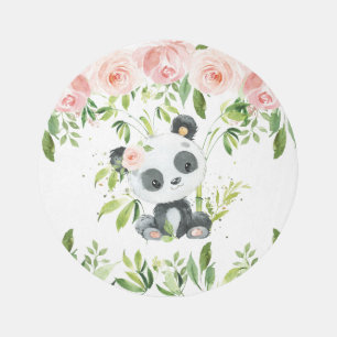 Cute Panda Pink Floral Greenery Bamboo Rug