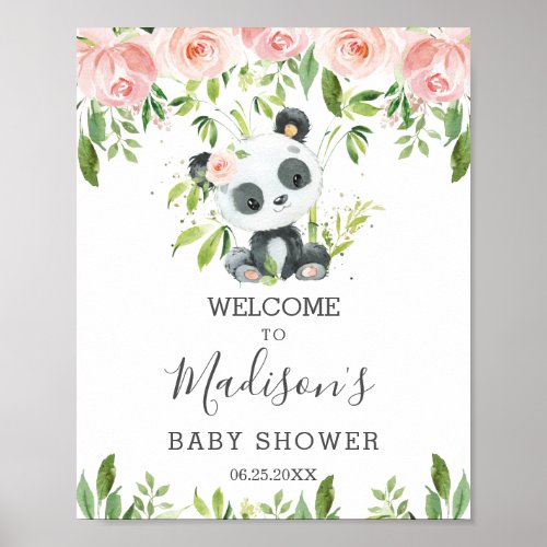 Cute Panda Pink Floral Greenery Bamboo Welcome  Poster